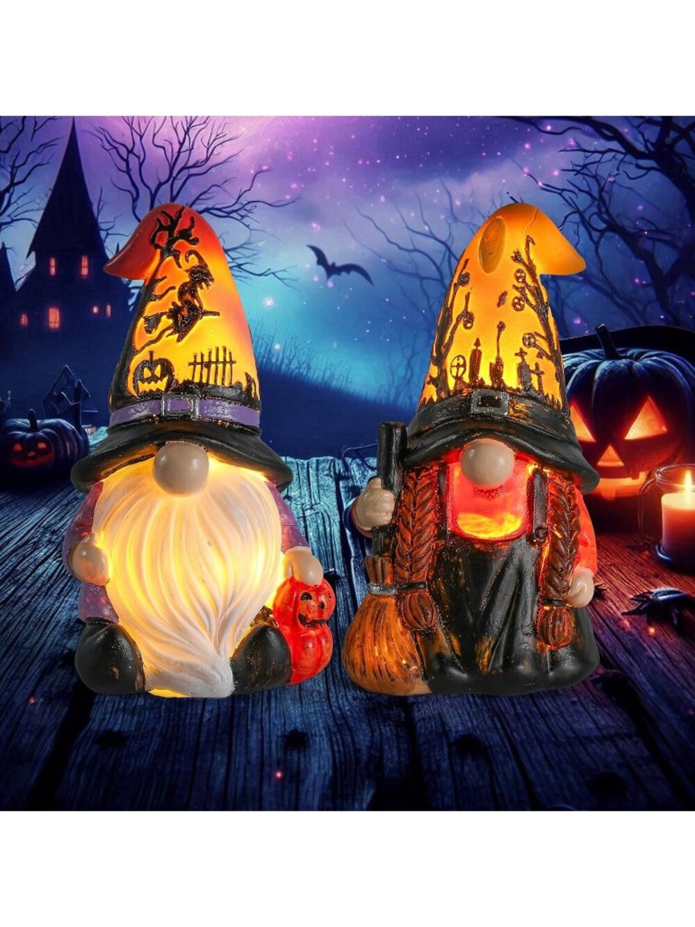 〽️Halloween Gnomes Figurines 2Pack Lights Up Fall Ornaments Resin Indoor Decor